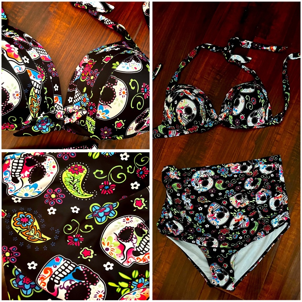 Two piece high waisted bikini with skulls; black multi colored.